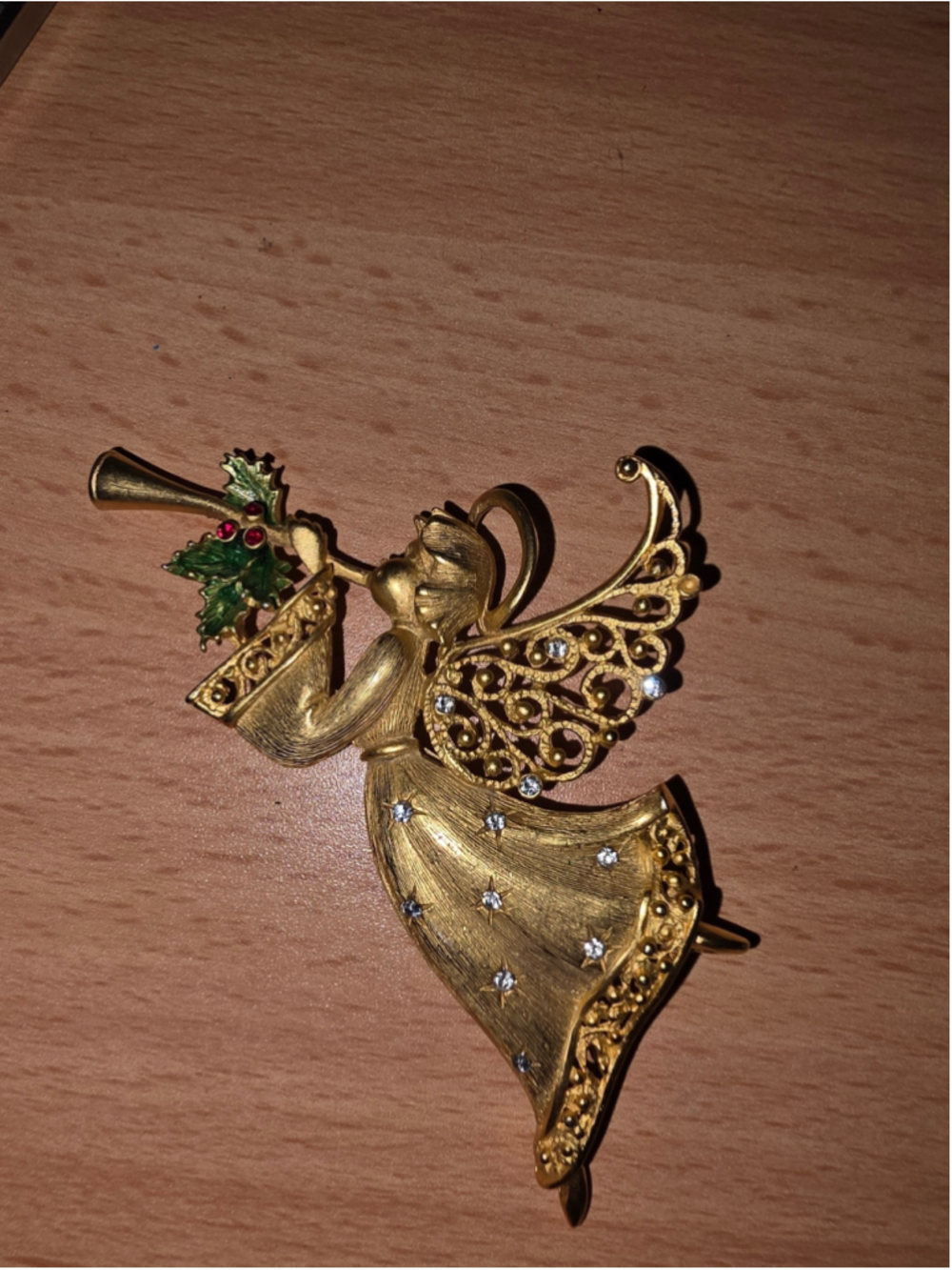Vintage JJ Jonette Large Christmas Angel Trumpet Brooch Rhinestone Holly